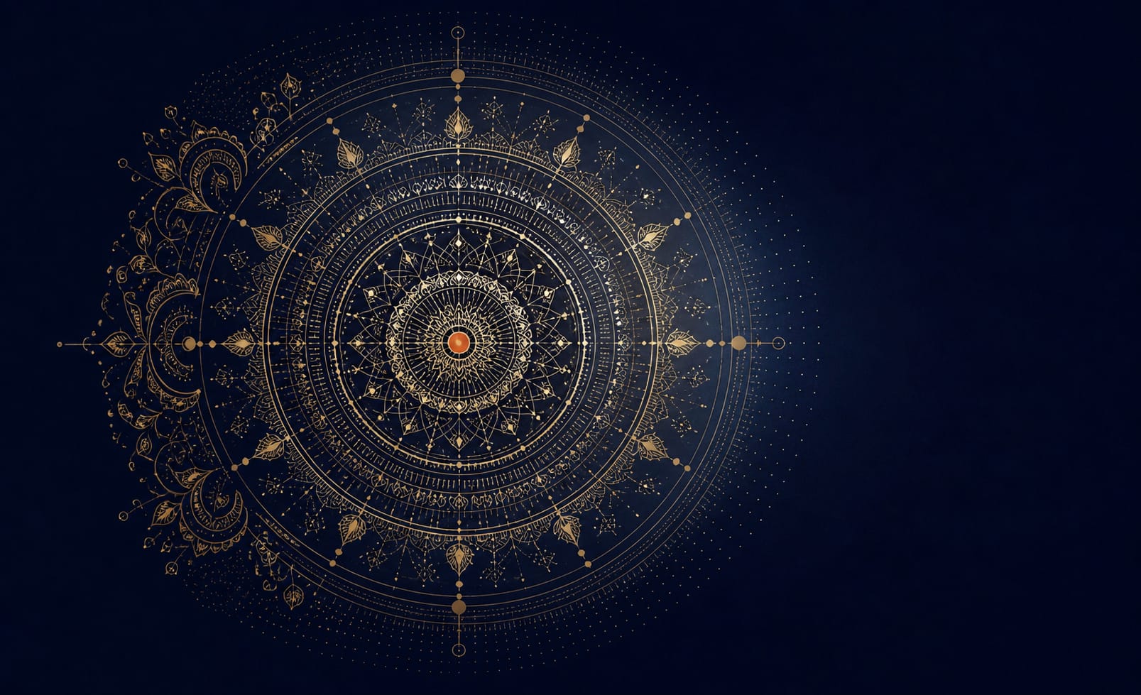 Studio Yantra — a luminous gold sacred-geometry mandala on deep midnight, radiating from a single saffron centre